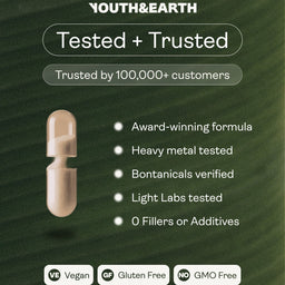 Product packaging with 'Youth&Earth' branding and capsule illustration on a green background