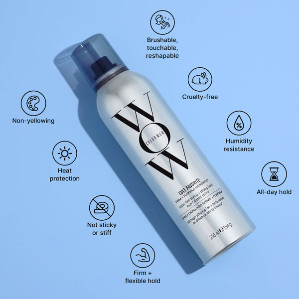 Hair spray bottle with 'WOW' branding on a blue background with feature icons.