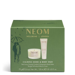 NEOM Wellbeing London Calming Home & Body Duo gift set in a textured olive green box, featuring a scented candle and a magnesium body butter tube.