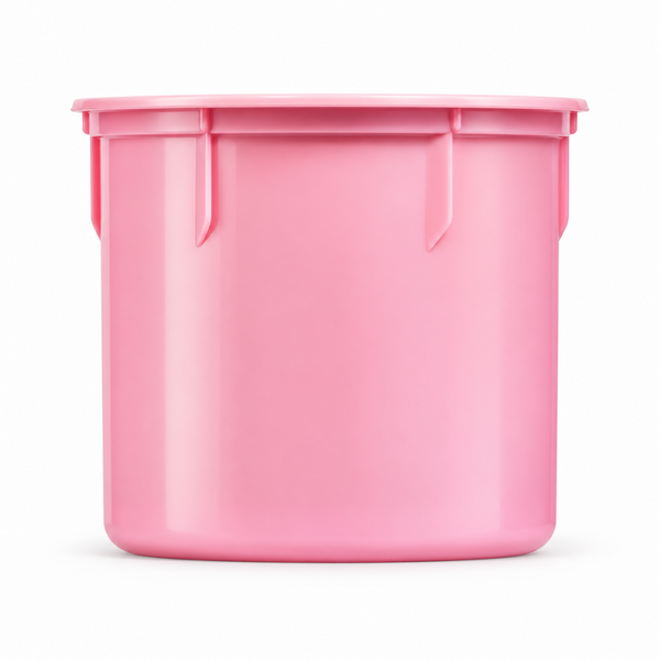 A solid pink plastic storage bin with a matching lid, shown from a front-facing perspective on a clean white background.