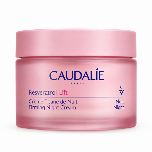 A pink jar of Caudalie Resveratrol-Lift Firming Night Cream on a clean white background.