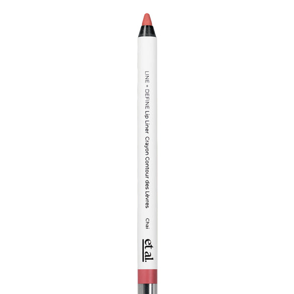 Lip liner with red cap and black tip on a light gray background