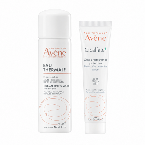 Avena Thermal Spring Water dehydrating mist and Cicalfate+ Restorative Cream for sensitive skin, shown as a 50 ml spray bottle and a 30 ml cream tube on a white background.