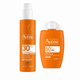 Two orange Avene sunscreen bottles on a white background: a tall spray bottle labeled Invisible SPF 30 and a rounded bottle labeled Ultra Fluid SPF 50.