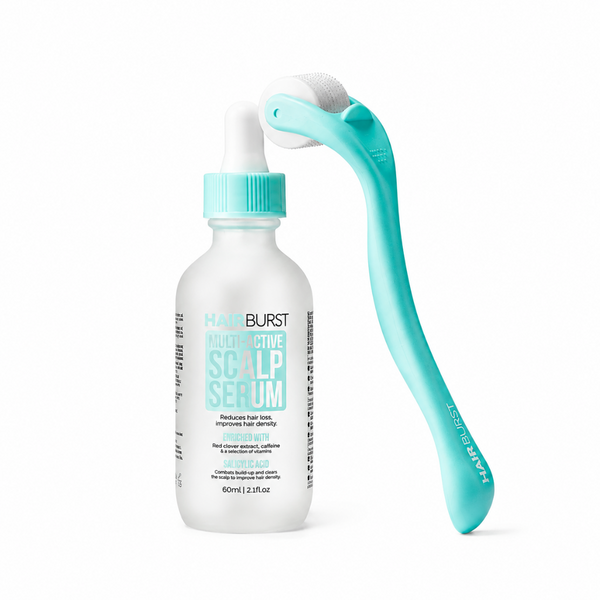 Hairburst Scalp Serum bottle with a white body and turquoise cap next to a turquoise handheld scalp massager roller on a white background.