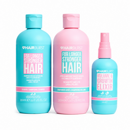 Three HAIRBURST hair care products in bright pastel colors: a large turquoise bottle of shampoo, a large pink bottle of conditioner, and a smaller turquoise-and-pink spray bottle of growth elixir, shown on a white background.