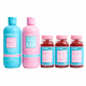 Hair burst hair care set featuring a blue shampoo bottle, a pink conditioner bottle, and three pink jars of chewable hair vitamins on a white background.