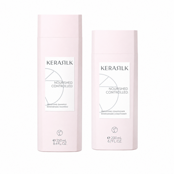 Two Kerasilk haircare bottles in a pale pink color on a white background, one 250 mL smoothing shampoo and one 200 mL smoothing conditioner, both labeled 'Nourished Controlled'.