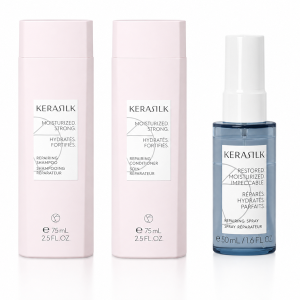 Three KeraSilk haircare bottles on a white background: two pale pink bottles on the left and one blue spray bottle on the right. The front labels read KeraSilk and Moisturized Strong / Restored Moisturized Imperfectable.