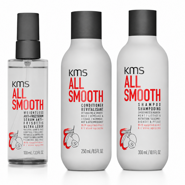 Three KMS All Smooth haircare products on a white background: a clear spray bottle with a black pump, a white conditioner bottle with a black cap, and a white shampoo bottle with a black cap. The labels feature red and black text with a small red hair illustration.