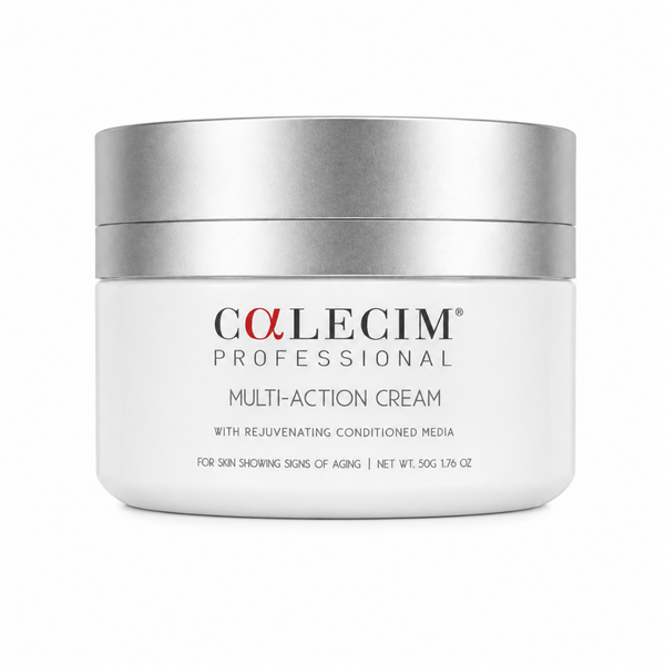 A white cosmetic jar with a metallic silver lid, labeled 'COLECIM PROFESSIONAL MULTI-ACTION CREAM' on a clean white background.