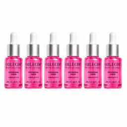 Six small COLECIM Professional Serum dropper bottles filled with bright pink liquid, arranged in a row on a white background.