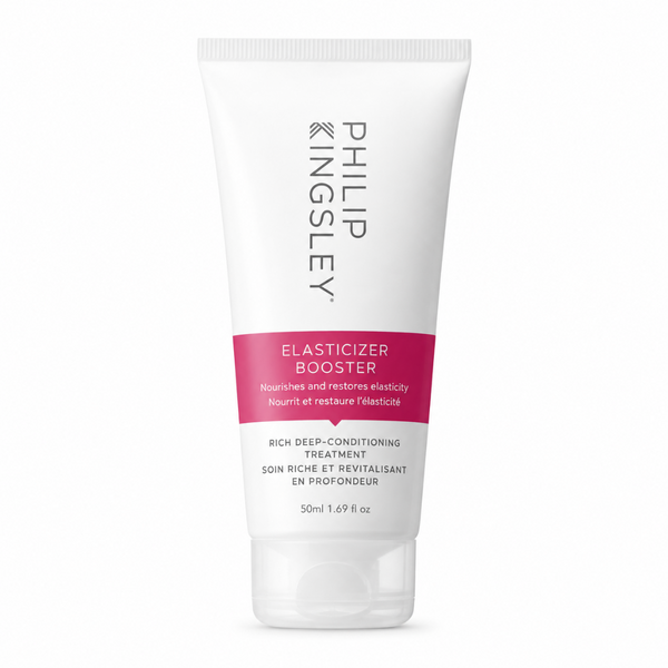 Philip Kingsley Elasticizer Booster rich deep-conditioning treatment in a 50ml white squeeze tube with a pink band and clear cap, shown on a white background.