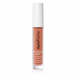 HydraPeptide Perfecting Gloss lip enhancing treatment in a clear tube showing a peachy nude color, with a white cap, on a white background.