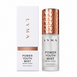 Lyma Power Youth Mist skincare bottle with a hammered rose gold cap next to its white packaging box, on a clean white background.
