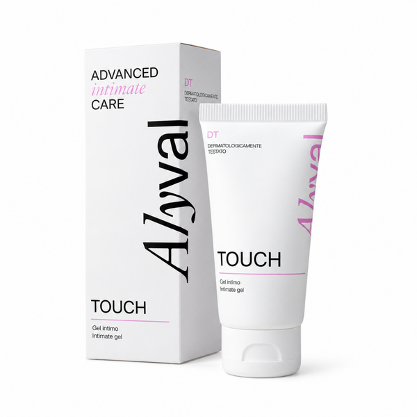 A white tube of Alival Touch Intimate Gel standing next to its matching white packaging box on a clean white background.