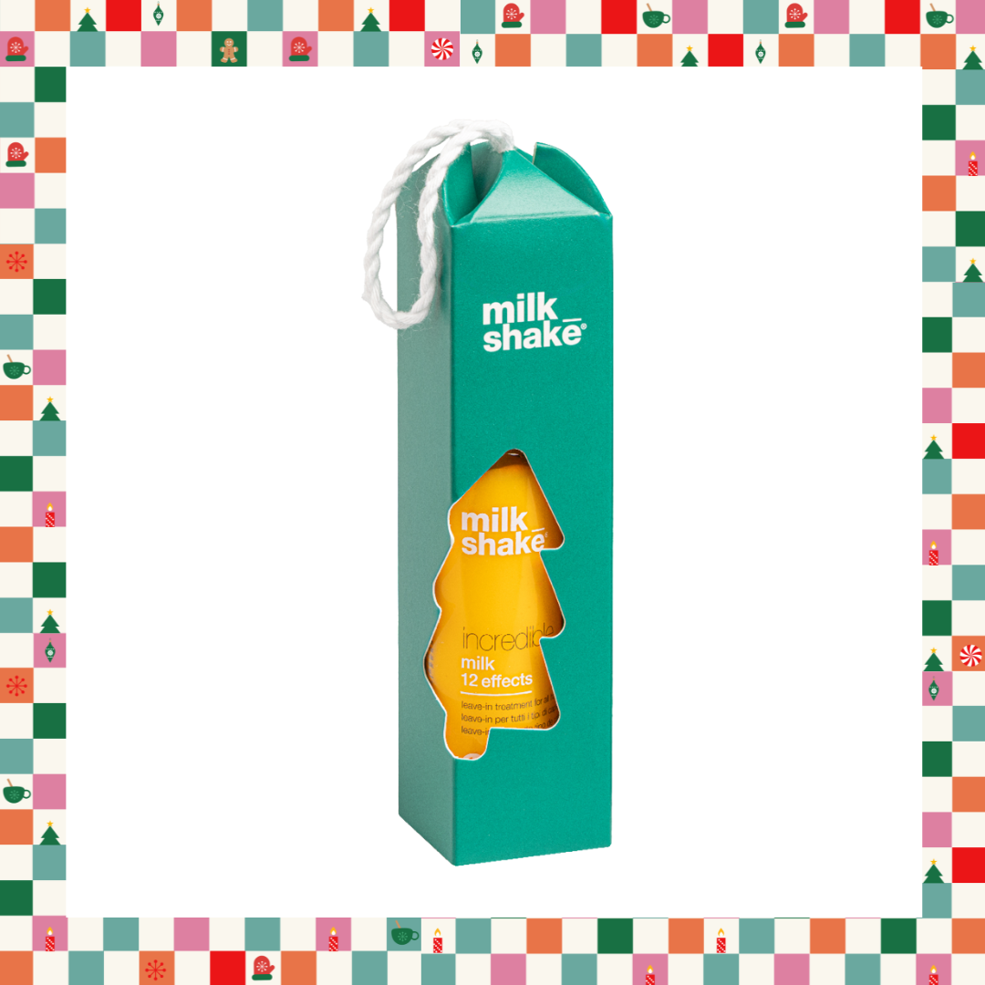 A teal Milk Shake 'milk 12 effects' product box with a white hanging loop, shown on a white background with a festive multicolor border.