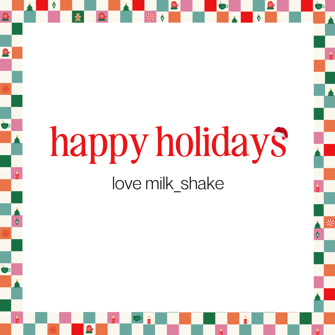 A square holiday-themed graphic with a colorful checkered border and the text 'happy holidays' in red, with 'love milk_shake' underneath in black on a white background.
