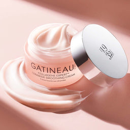 A jar of Gatineau Collagene Expert Ceramide Smoothing Cream with an open top revealing its contents