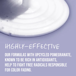 Close-up of a product with text about upcycled pomegranate formulas and antioxidants on a purple background.