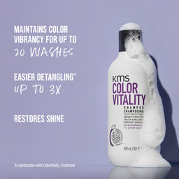 KMS Color Vitality shampoo bottle with product benefits on a purple background