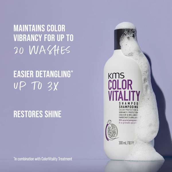 KMS Color Vitality shampoo bottle with product benefits on a purple background