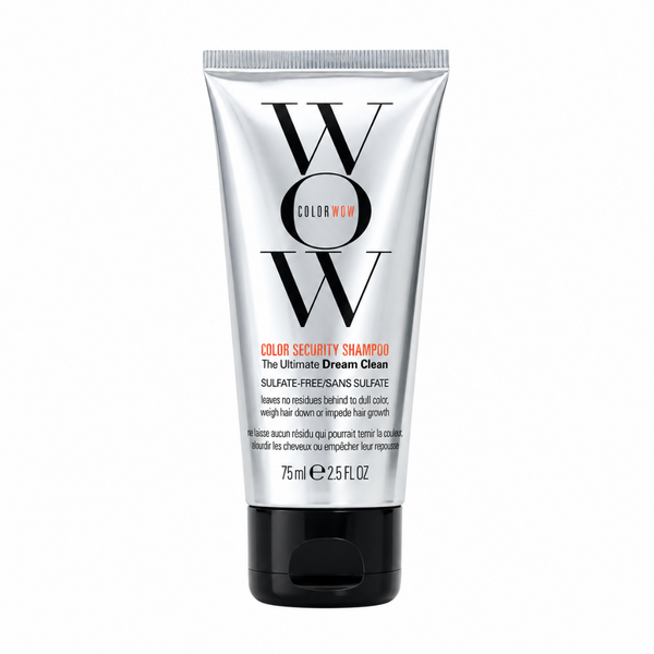 A 75ml squeeze tube of WOW Color Security Shampoo on a plain white background. The tube is metallic silver with a black cap, featuring the brand logo 'WOW' in large black letters and orange text for 'Color Security Shampoo'.