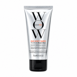 A 75ml squeeze tube of WOW Color Security Shampoo on a plain white background. The tube is metallic silver with a black cap, featuring the brand logo 'WOW' in large black letters and orange text for 'Color Security Shampoo'.