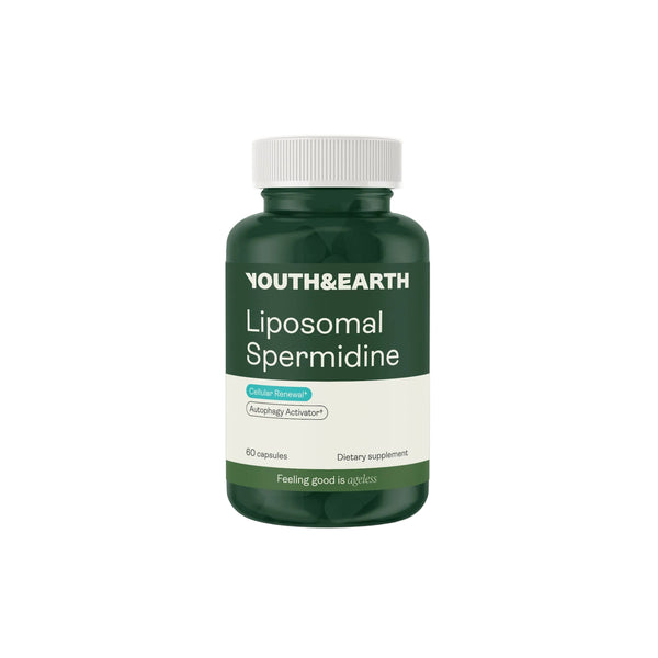 A dark green bottle of Youth & Earth Liposomal Spermidine dietary supplement with a white cap, centered on a light off-white background.