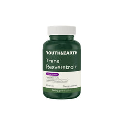 A dark green bottle of Youth & Earth Trans Resveratrol+ dietary supplement with a white cap, centered on a light off-white background.