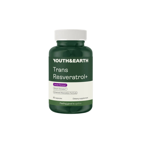 A dark green bottle of Youth & Earth Trans Resveratrol+ dietary supplement with a white cap, centered on a light off-white background.