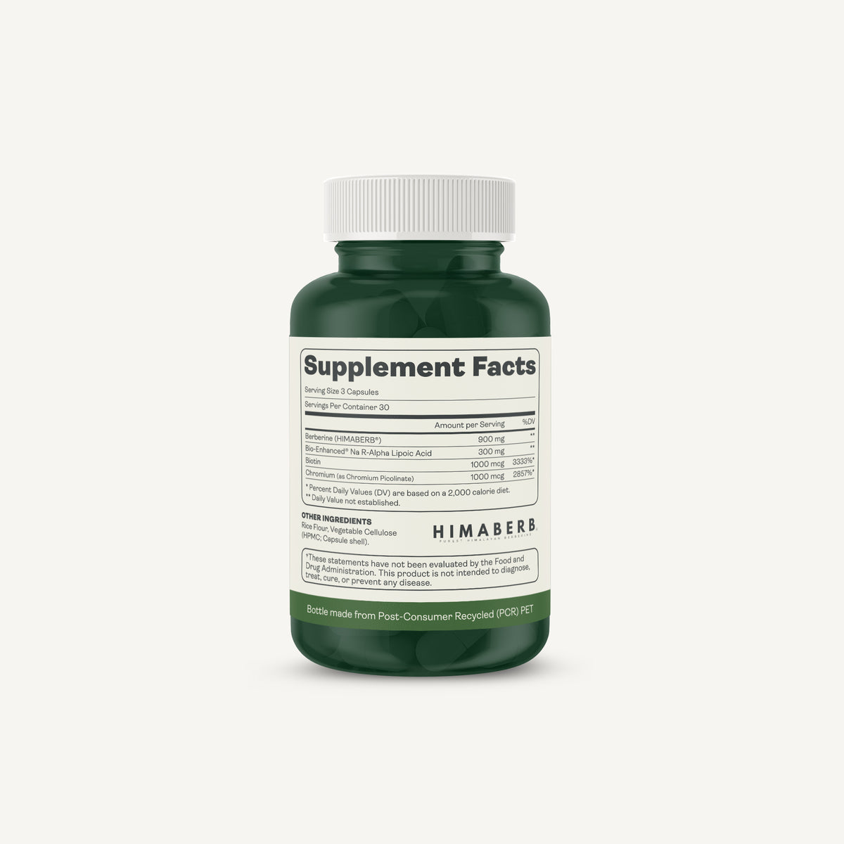 A dark green bottle of Himaberr supplement with a white ribbed cap, showing the Supplement Facts label on a light off-white background.