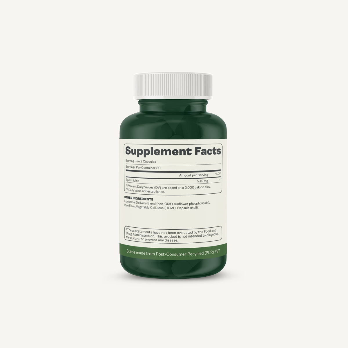 A dark green supplement bottle with a white ribbed cap and a white label reading 'Supplement Facts' on a light gray background.