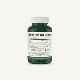 A dark green supplement bottle with a white ribbed cap, showing the Supplement Facts label on a light off-white background.