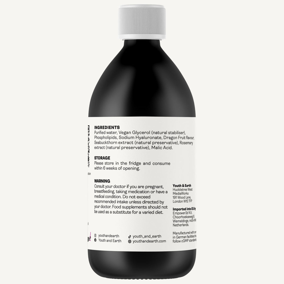A dark amber bottle of Youth & Earth Nutritional Supplements, shown from the back with its white cap and white label facing the viewer, on a light gray background.