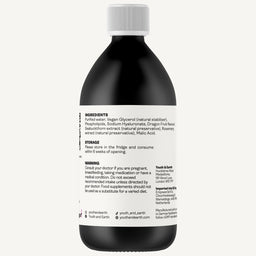 A dark amber bottle of Youth & Earth Nutritional Supplements, shown from the back with its white cap and white label facing the viewer, on a light gray background.