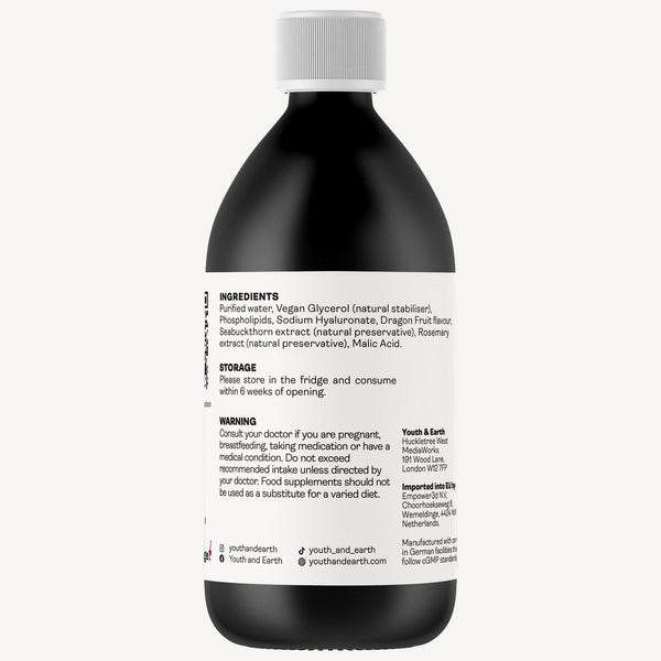 A dark amber bottle of Youth & Earth Nutritional Supplements, shown from the back with its white cap and white label facing the viewer, on a light gray background.