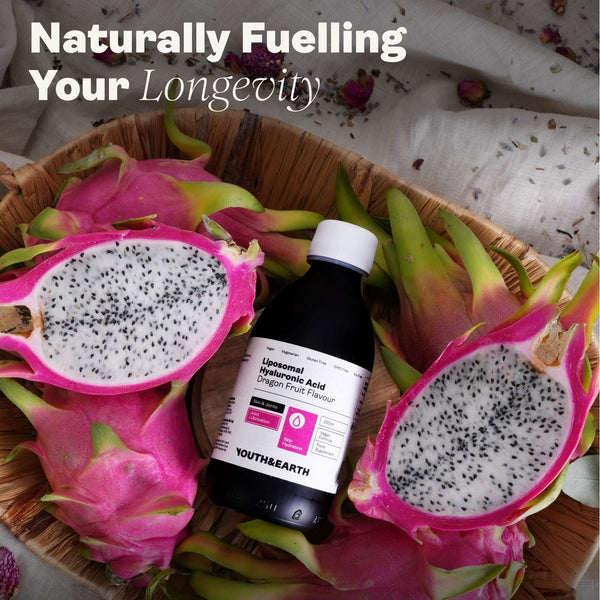 A dark bottle labeled 'YOUTH&EARTH' and 'Lycopene Tomato Acid' placed in a woven basket with sliced dragon fruit and dried flowers. Large text reads 'Naturally Fuelling Your Longevity' and 'Subscribe & Save' with promotional bullet points.