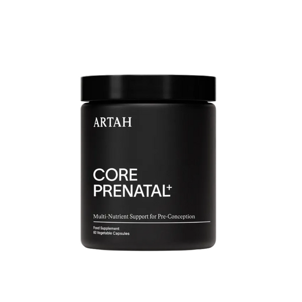 Black supplement container labeled 'ARTAH Core Prenatal+' on a light gray background with certification badges.