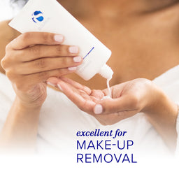 Person applying a white cream to their hand with text 'excellent for MAKE-UP REMOVAL'.