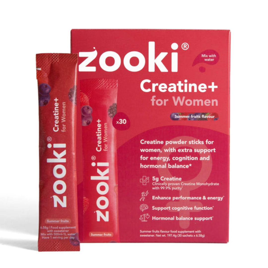 Zooki Creatine+ for Women supplement package with red packaging on a white background