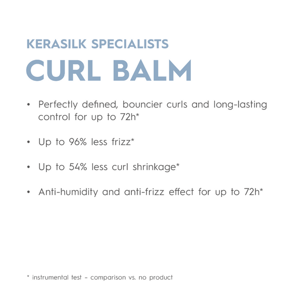 Advertisement for Kerasilk Curl Balm with text highlighting benefits on a white background