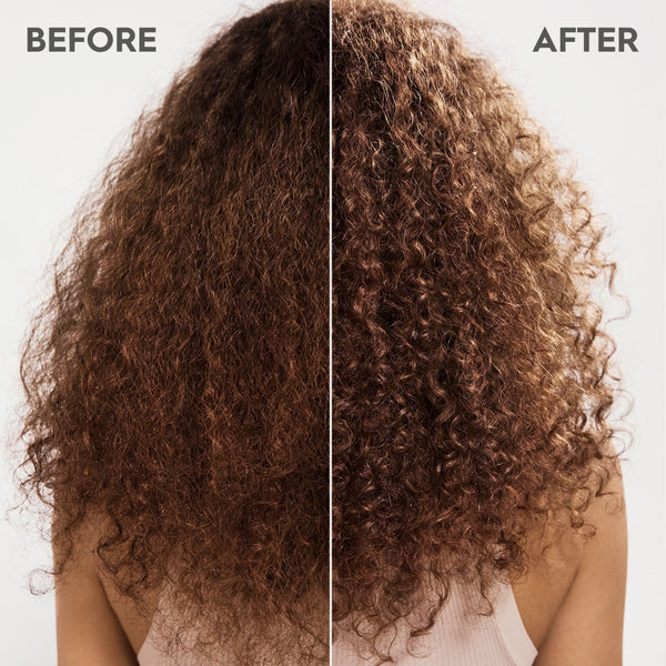Before and after comparison of curly hair on a person with a neutral background