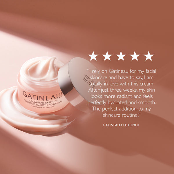 Gatineau cream jar with five-star rating and customer review on a pink background