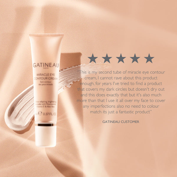 Gatineau eye cream tube with customer review on a beige background