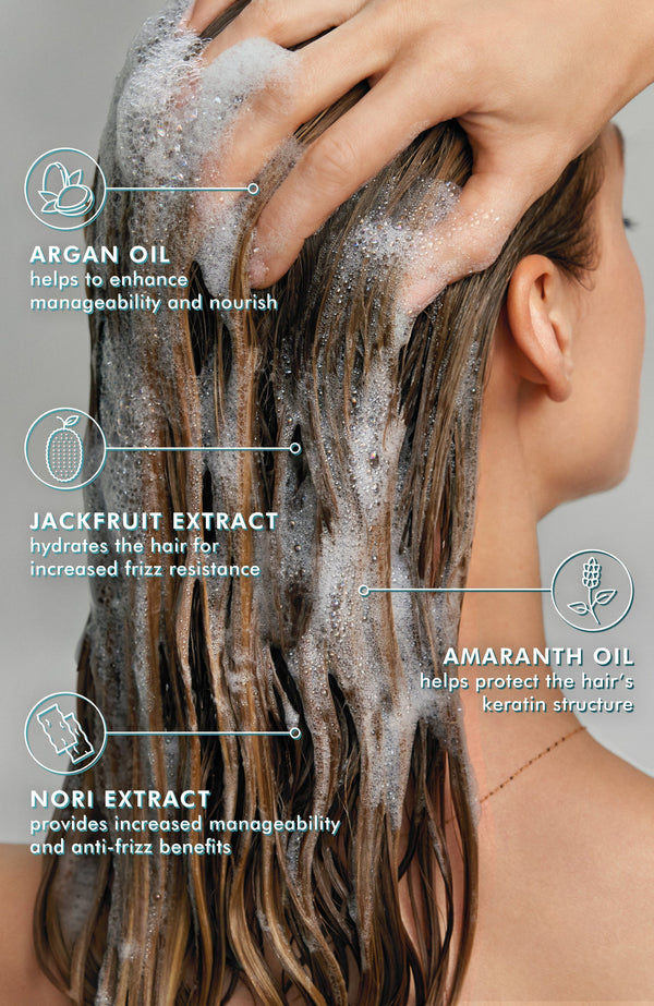 Person washing hair with text highlighting argan oil, jackfruit extract, amaranth oil, and nori extract benefits.