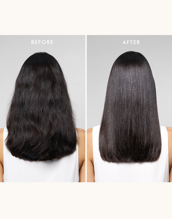 Before and after comparison of hair treatment on a person with long, straight hair.