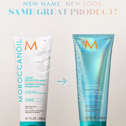 Two bottles of Moroccanoil hair mask on a light background with text about a new name and look.
