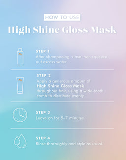 Instructions on how to use a high shine gloss mask with icons and text on a gradient background.