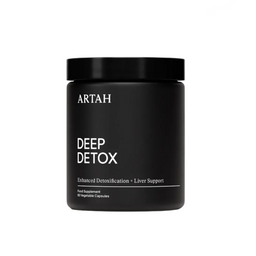Black supplement jar labeled 'DEEP DETOX' by ARTAH on a light gray background with 'Traveller' and 'ELLE' feature logos.